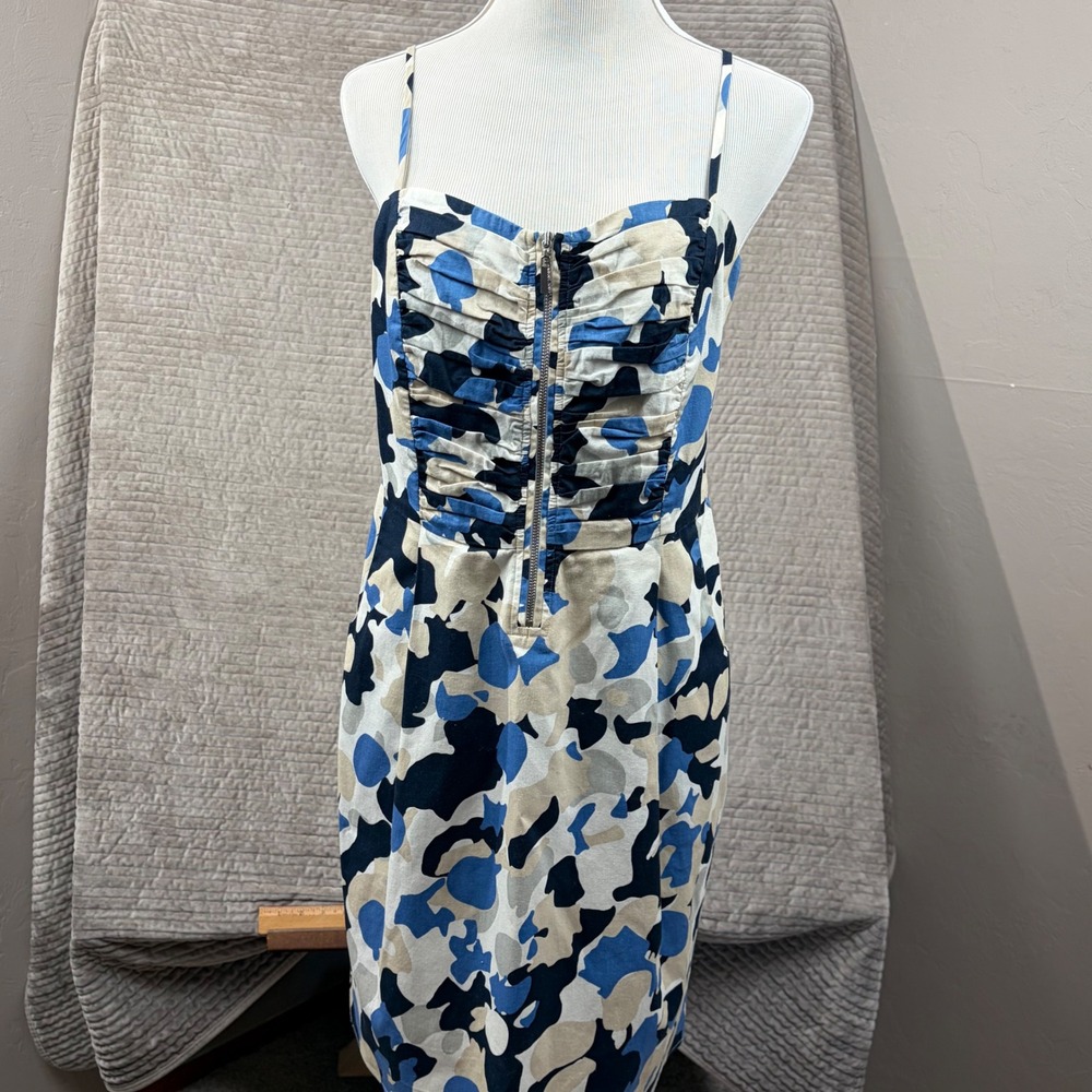 Armani Jeans Blue Abstract Camo Cotton Mini Dress Zipper Smocked Back Size 8